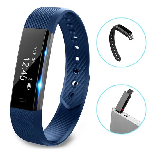 ID115 Smart Bracelet fitness tracker with step counter and activity monitoring, showing the sleek design and digital display.