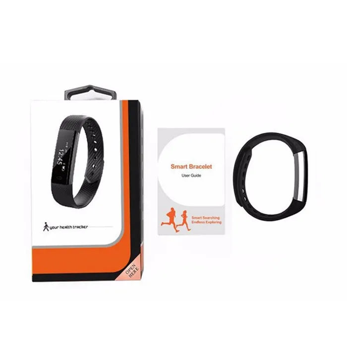 ID115 Smart Bracelet Fitness Tracker displaying step count and activity stats, worn on a person's wrist.