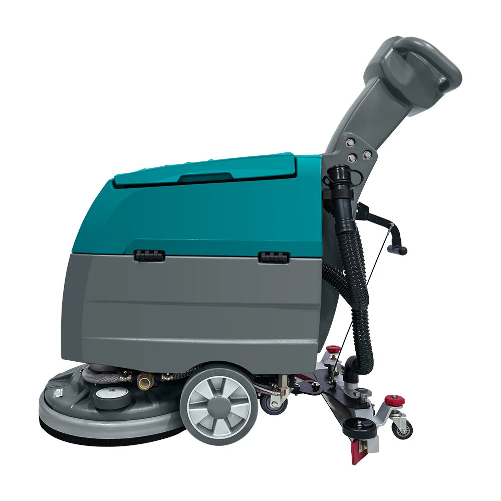Industrial electric ride-on floor scrubber machine by BACKUPMYFILESNOW.COM® for warehouse, factory, and commercial cleaning.