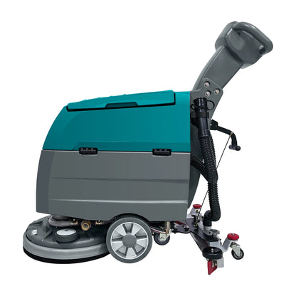 Industrial electric ride-on floor scrubber machine by BACKUPMYFILESNOW.COM® for warehouse, factory, and commercial cleaning.