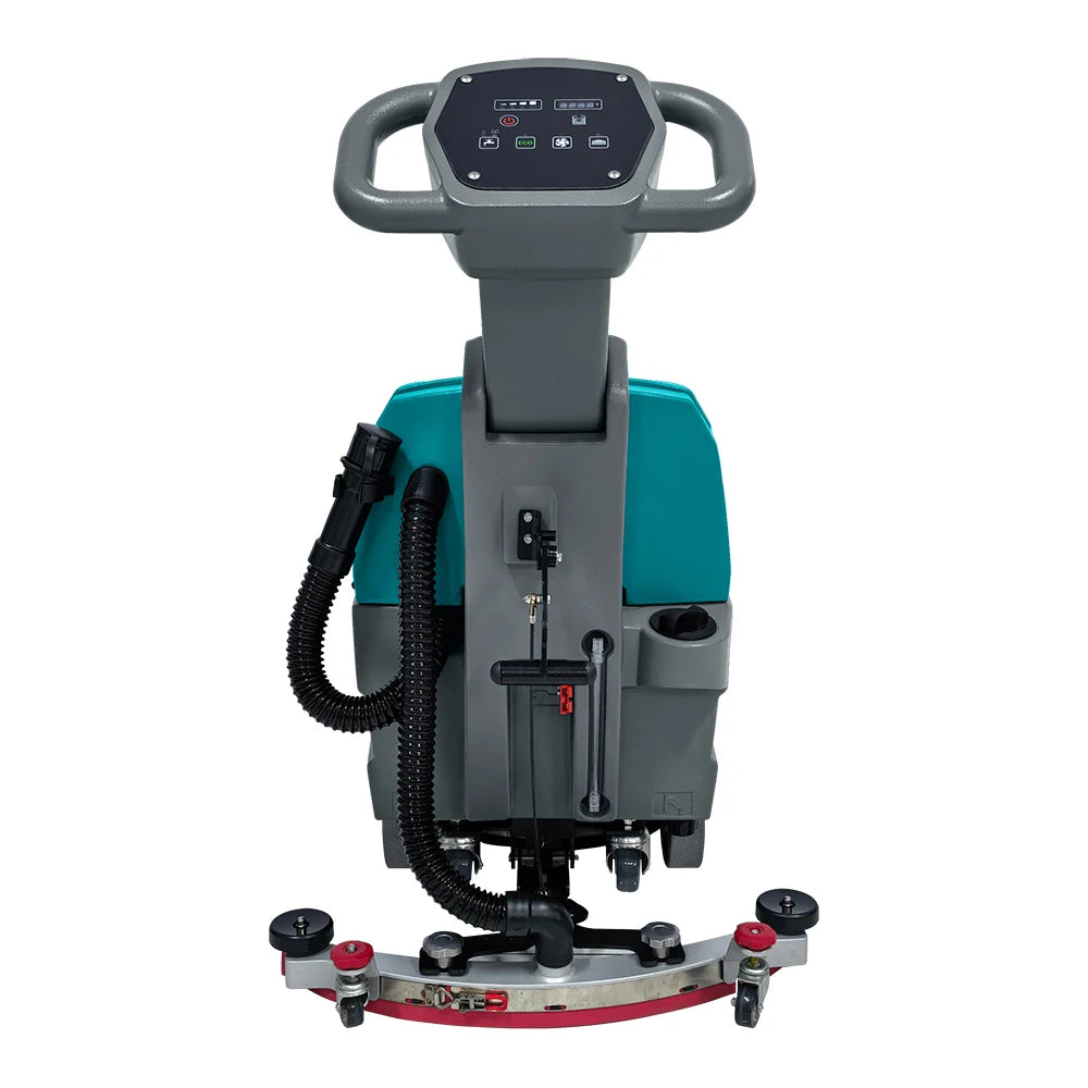 Industrial electric ride-on floor scrubber machine by BACKUPMYFILESNOW.COM for warehouse and commercial cleaning, with brushes and control panel.