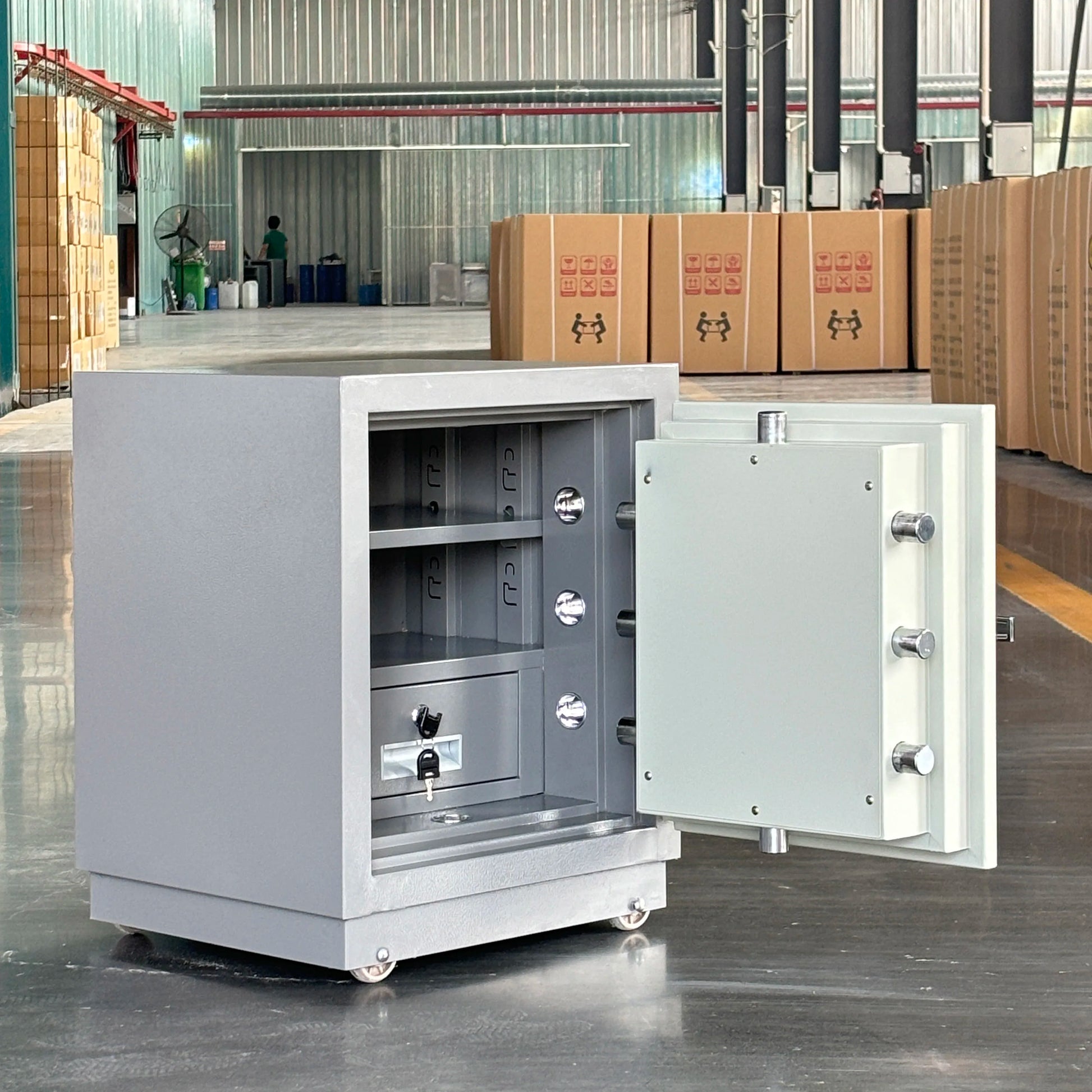 BackupMyFilesNow.com fireproof safe box with key lock and electronic security for home or hotel storage, fire-resistant and secure.