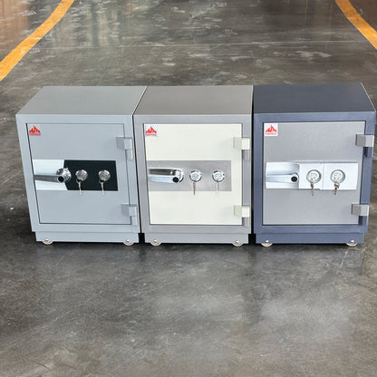 Electronic fireproof safe box with key lock, designed for secure home and hotel storage, fire-resistant and durable security safe.