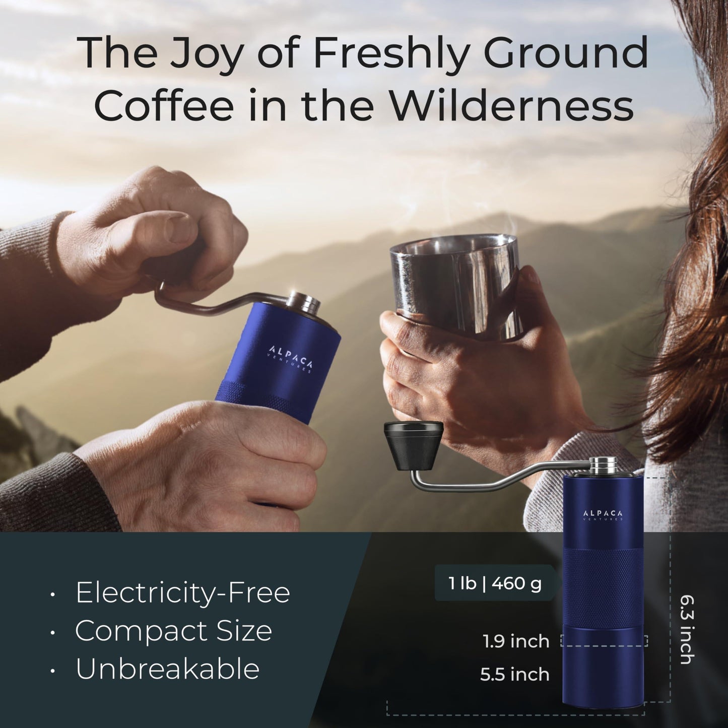 Blue stainless steel conical burr manual coffee grinder with ergonomic handle for fresh coffee grinding.
