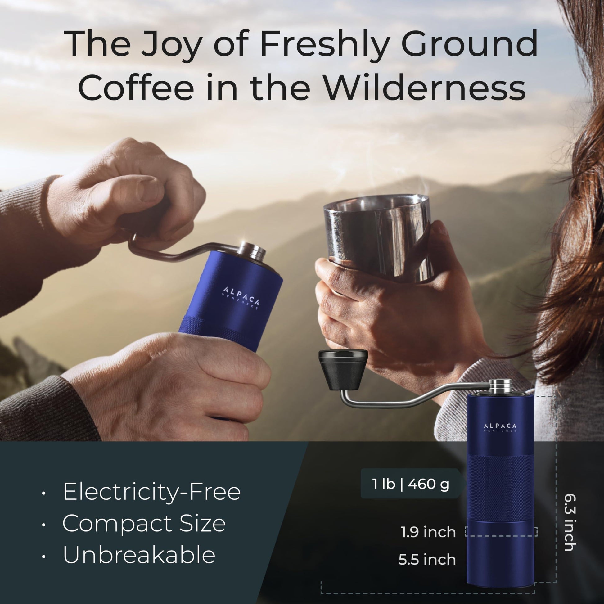 Blue stainless steel conical burr manual coffee grinder with ergonomic handle for fresh coffee grinding.