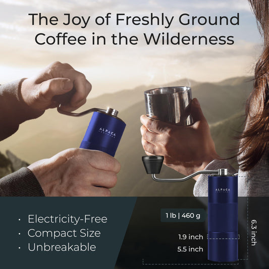 Blue stainless steel conical burr manual coffee grinder with ergonomic handle for fresh coffee grinding.