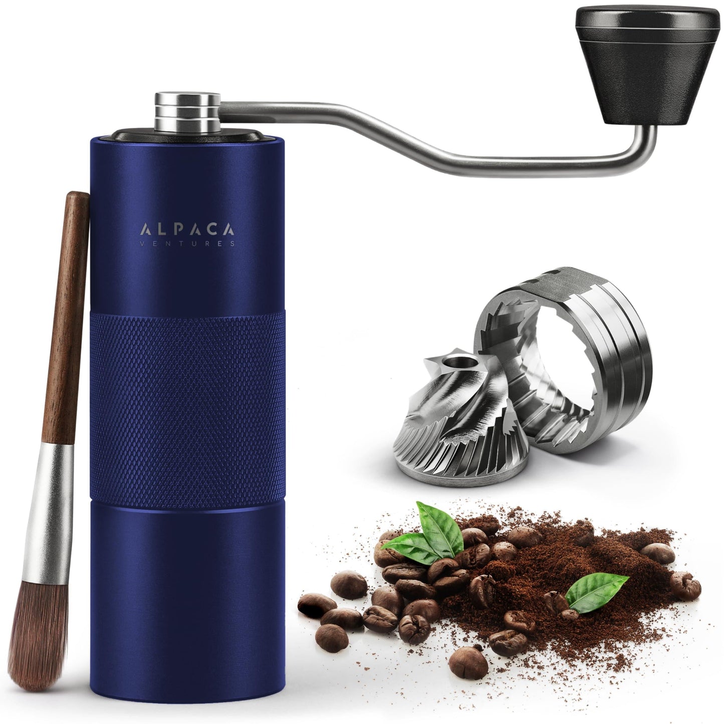 Blue stainless steel conical burr manual coffee grinder with ergonomic handle for precise coffee grinding.