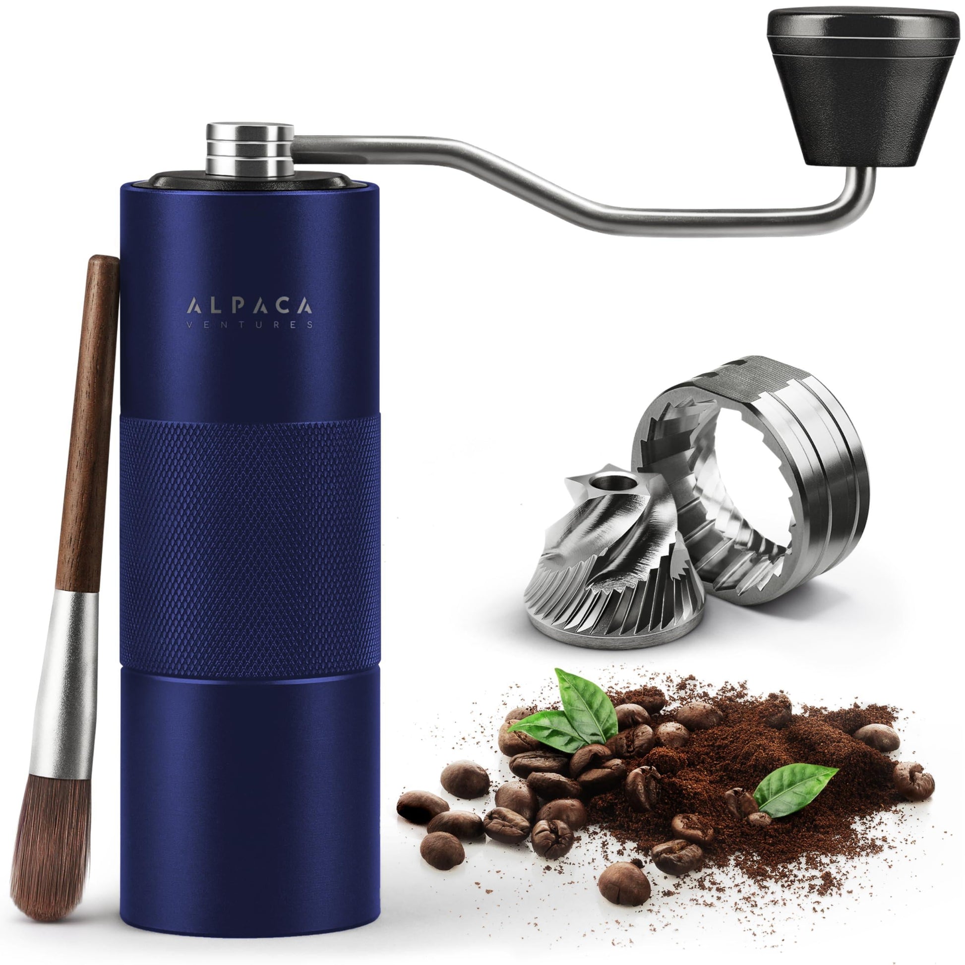 Blue stainless steel conical burr manual coffee grinder with ergonomic handle for precise coffee grinding.