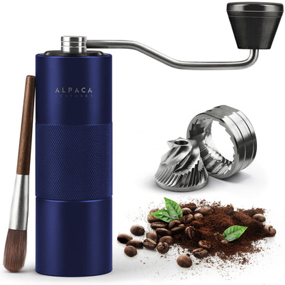 Blue stainless steel conical burr manual coffee grinder with ergonomic handle for precise coffee grinding.