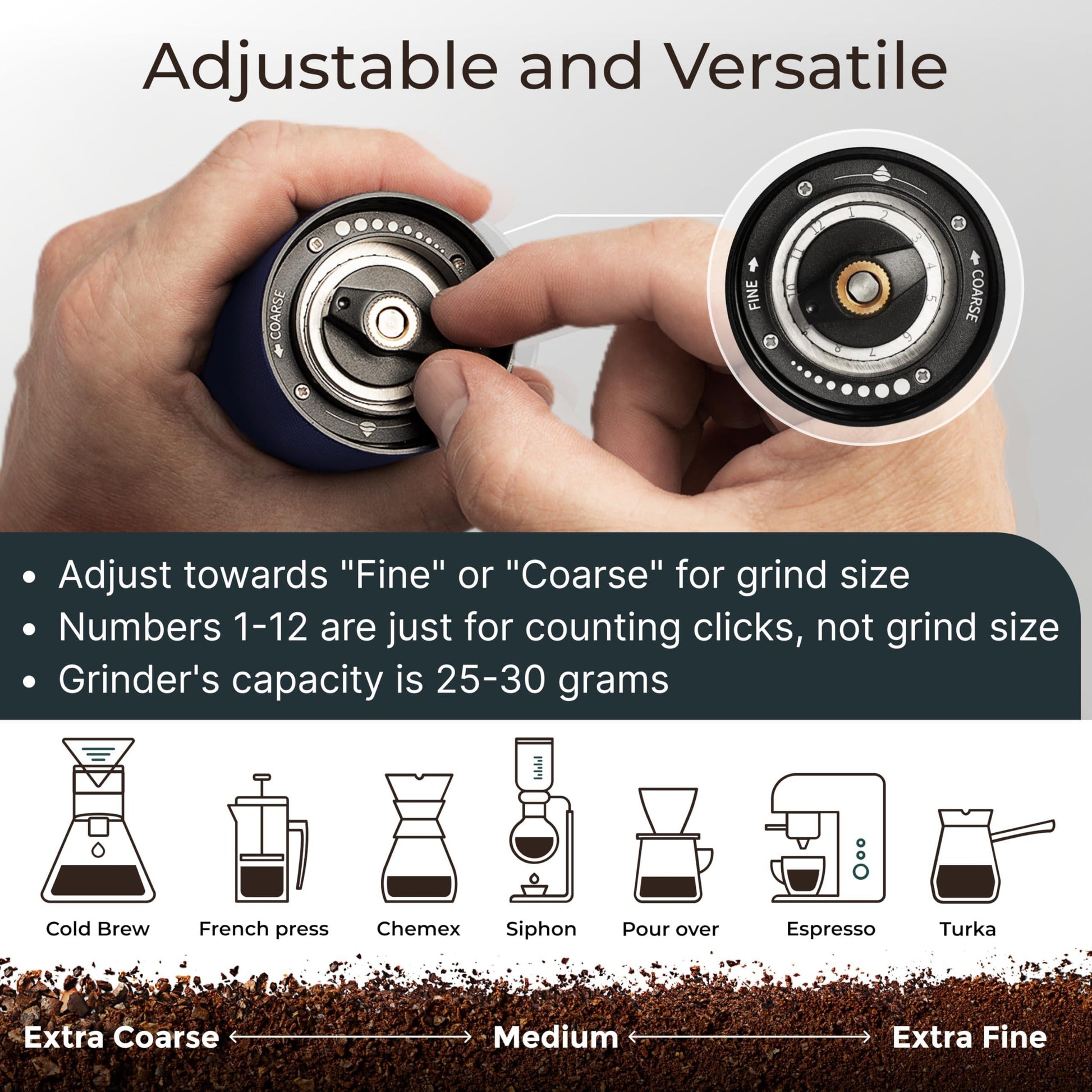 Blue stainless steel manual coffee grinder with conical burrs, compact and durable for fresh coffee grinding.
