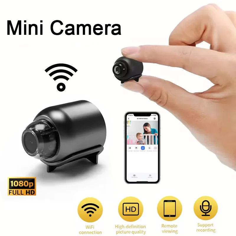 Mini 1080p HD smart wireless security camera with night vision, motion detection, and camcorder features for smart home surveillance.