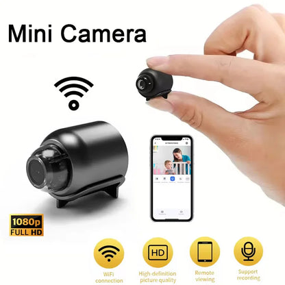 Mini 1080p HD smart wireless security camera with night vision, motion detection, and camcorder features for smart home surveillance.
