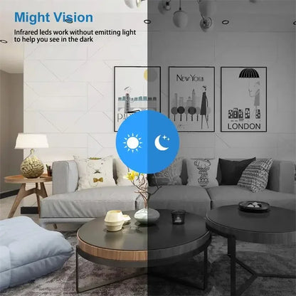 Mini 1080p HD smart wireless security camera with night vision, motion detection, and home monitoring capabilities.