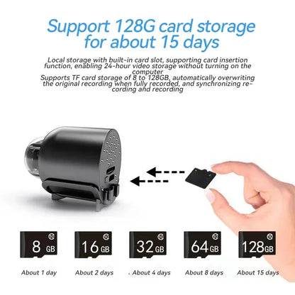 Mini 1080p HD wireless security camera with night vision and motion detection for smart home surveillance.