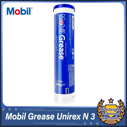 Mobil Grease Unirex N 3, 390g NLGI 3 grease for electric motor lubrication, shown in a container with a white lid.