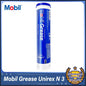 Mobil Grease Unirex N 3, 390g NLGI 3 grease for electric motor lubrication, shown in a container with a white lid.