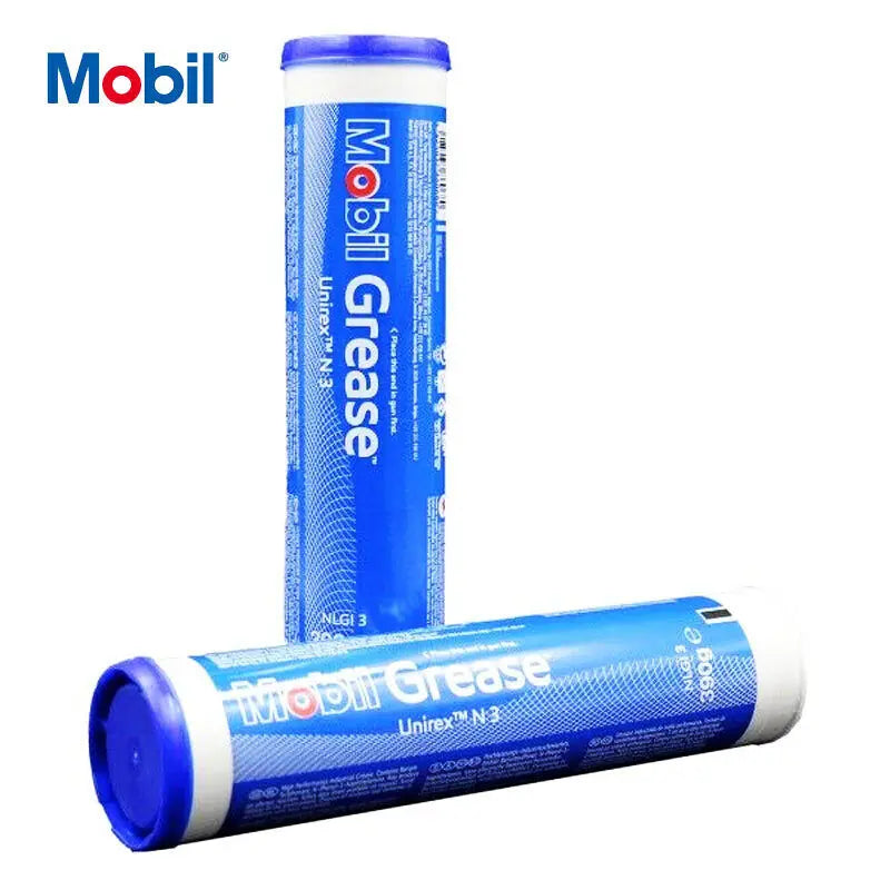 Mobil Grease Unirex N 3, 390g NLGI 3 grease for electric motor lubrication, shown in a container with a smooth, glossy surface.
