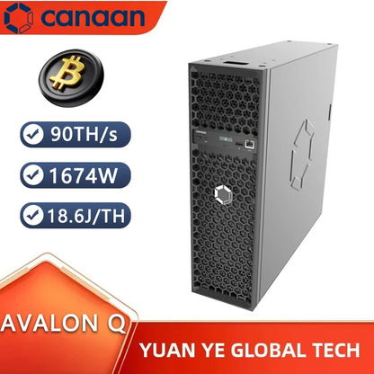 New Canaan Avalon Q 90TH/S Bitcoin ASIC mining machine by Avalon, featuring 1674W power and 18.6 J/TH efficiency.