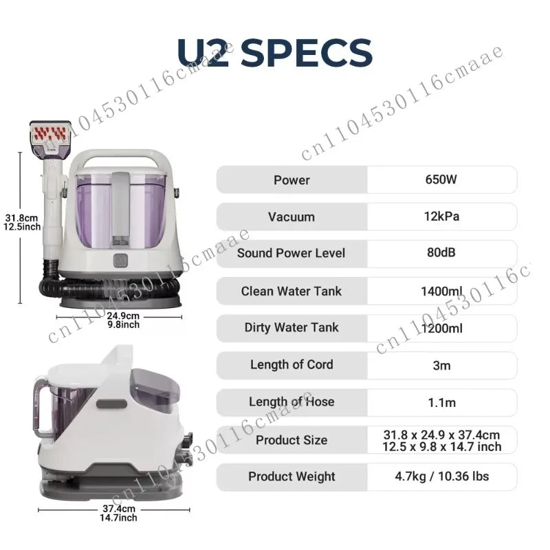 Portable BACKUPMYFILESNOW.COM® 650W carpet cleaner machine with 12KPa suction, fabric spot cleaning, and a 3M power cord for home use.