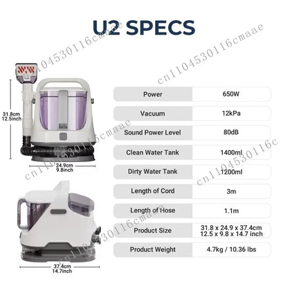 Portable BACKUPMYFILESNOW.COM® 650W carpet cleaner machine with 12KPa suction, fabric spot cleaning, and a 3M power cord for home use.