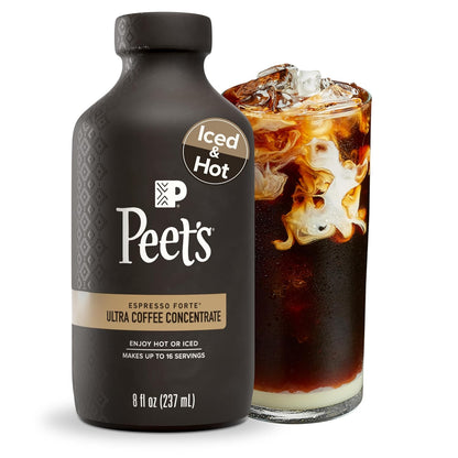 Peet's Coffee Ultra Coffee Concentrate in an 8 oz bottle, 100% Arabica espresso forte for hot, cold brew, or iced coffee.