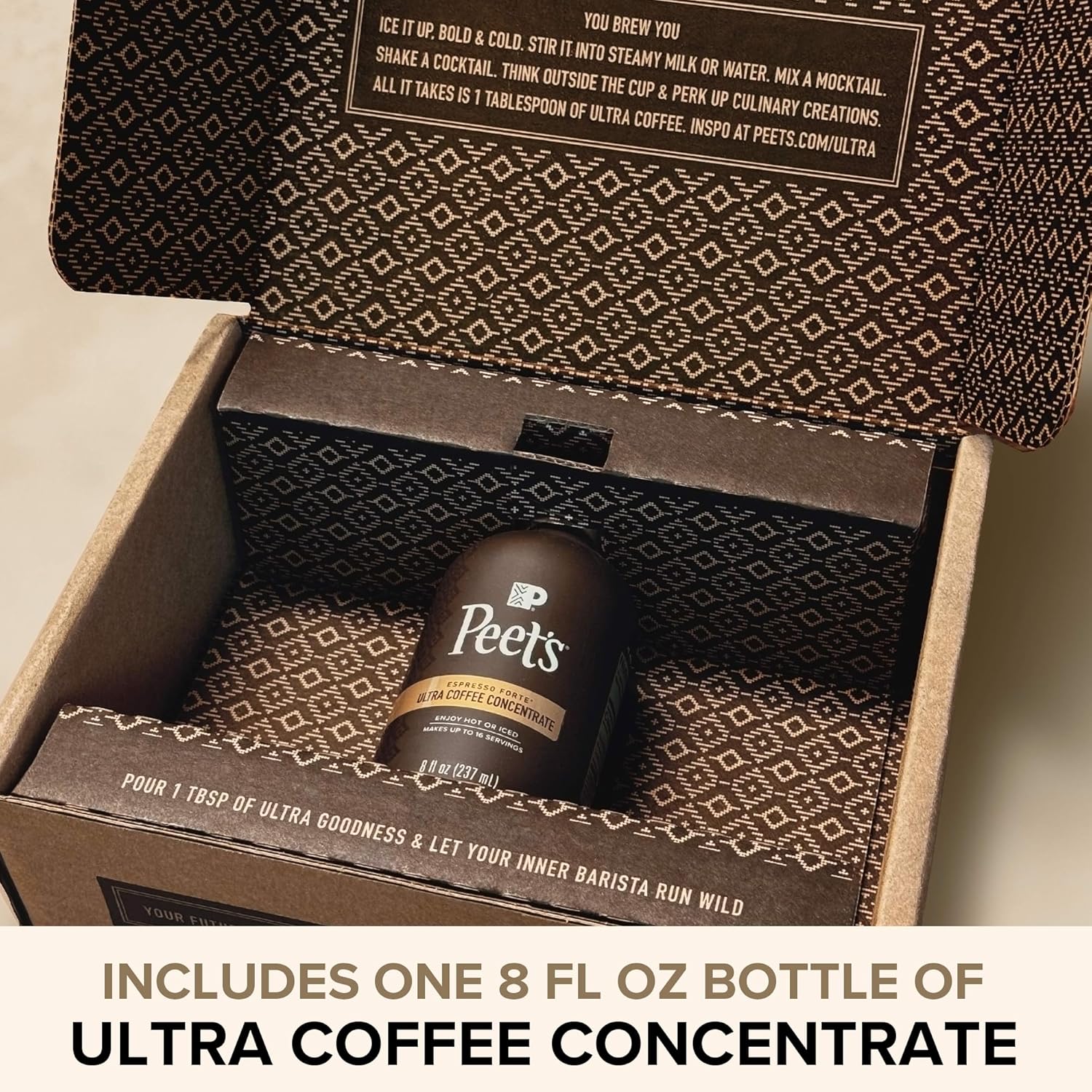 Peet's Coffee Ultra Coffee Concentrate in 8oz bottle, 100% Arabica espresso forte for hot, cold brew, or iced coffee.