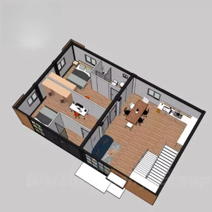 Prefab flat pack modular 2-storey 20ft sea container house with balcony, featuring modern design and outdoor balcony space.