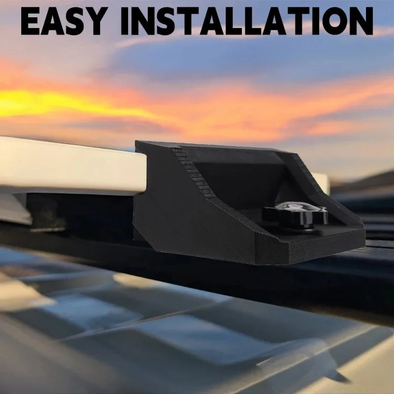 BackupMyFilesNow.com roof antenna bracket for Starlink Mini terminal, mounted on luggage rack for roof installation.