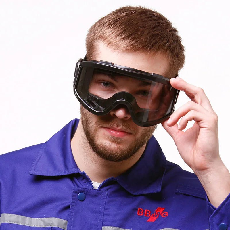 Safety goggles from BACKUPMYFILESNOW.COM® with clear lenses, anti-impact and chemical splash protection for laboratory and work safety.