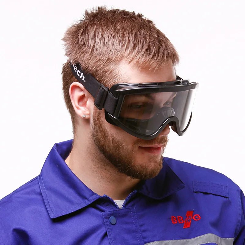 BackupMyFilesNow® safety goggles with clear lenses, designed for eye protection against impacts and chemical splashes in labs.