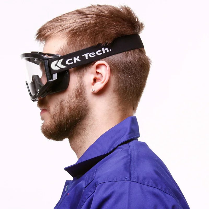 BackupMyFilesNow® safety goggles with clear lenses, anti-impact and chemical splash protection, ideal for laboratory and work environments.