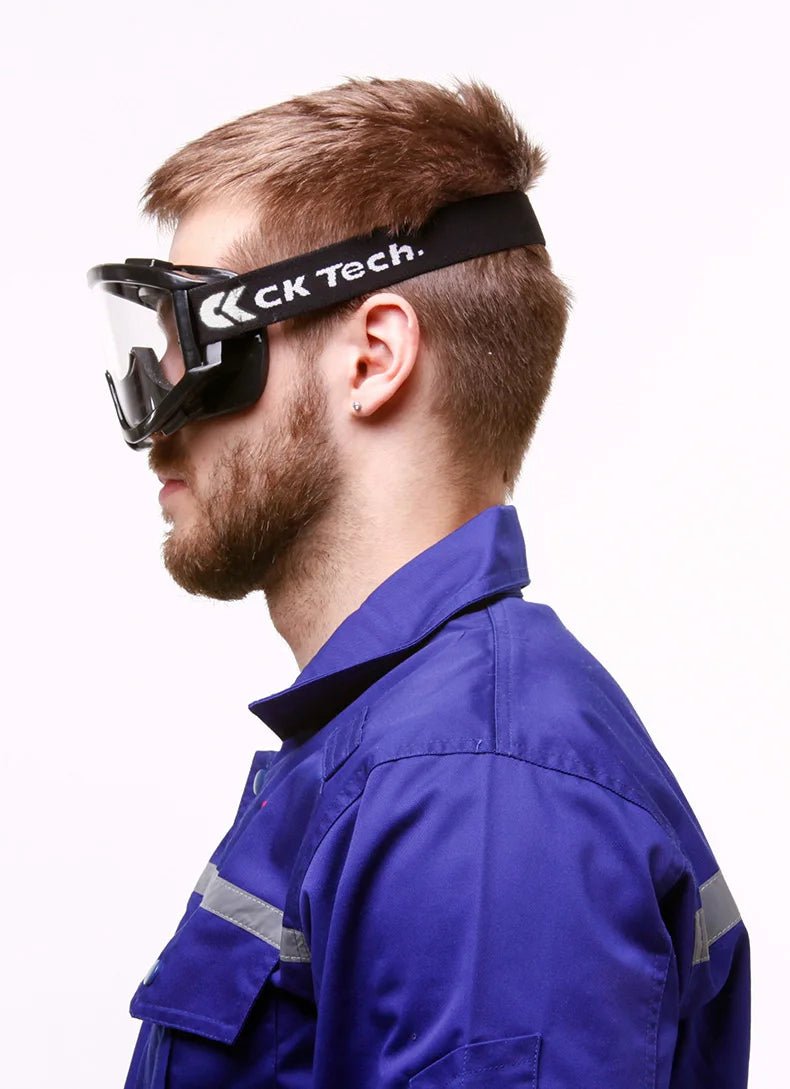 Safety goggles by BACKUPMYFILESNOW.COM® with clear lenses, anti-impact and chemical splash protection for laboratory work.