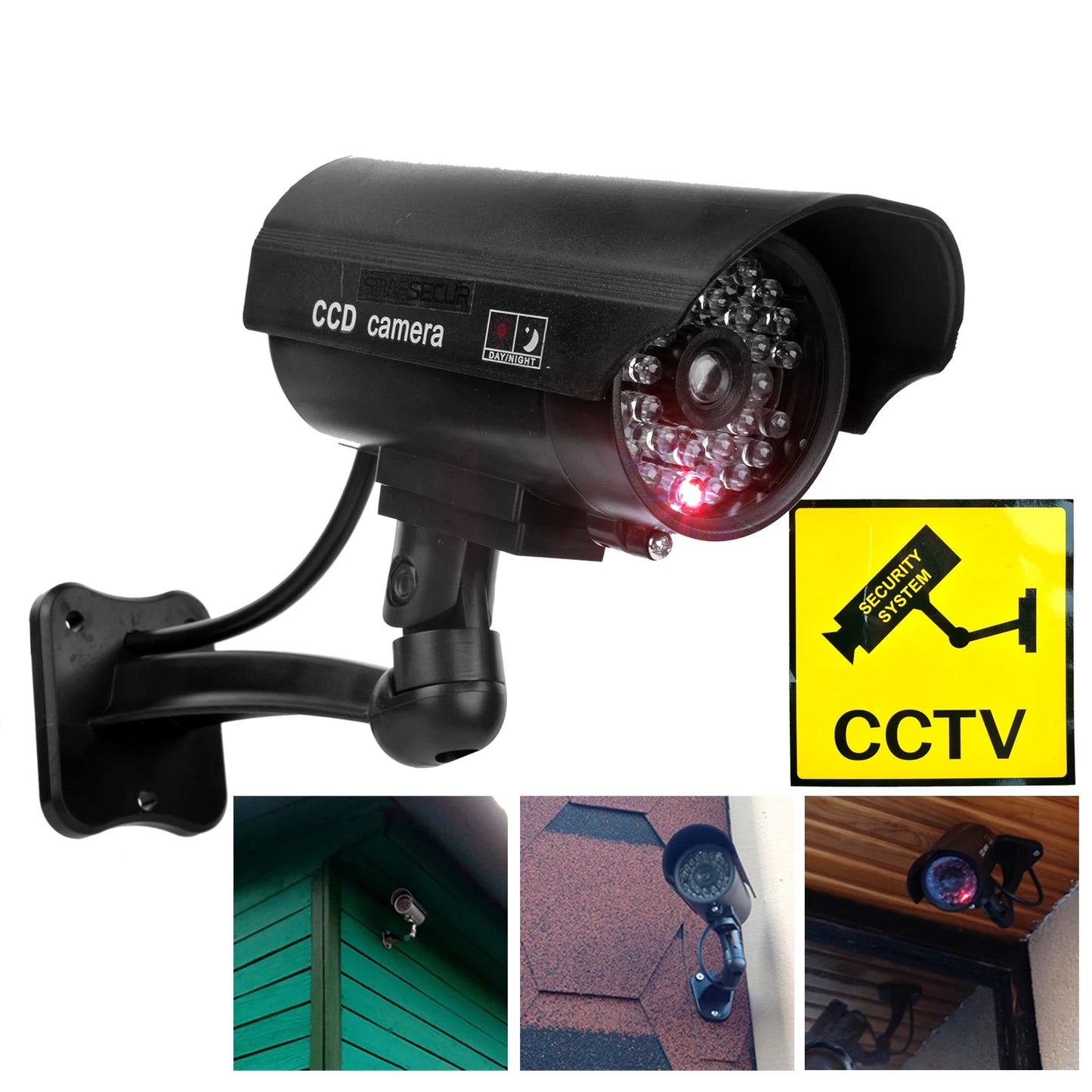 Dummy security camera with waterproof design, flashing red LED light, for outdoor or indoor use, by BackupMyFilesNow.com