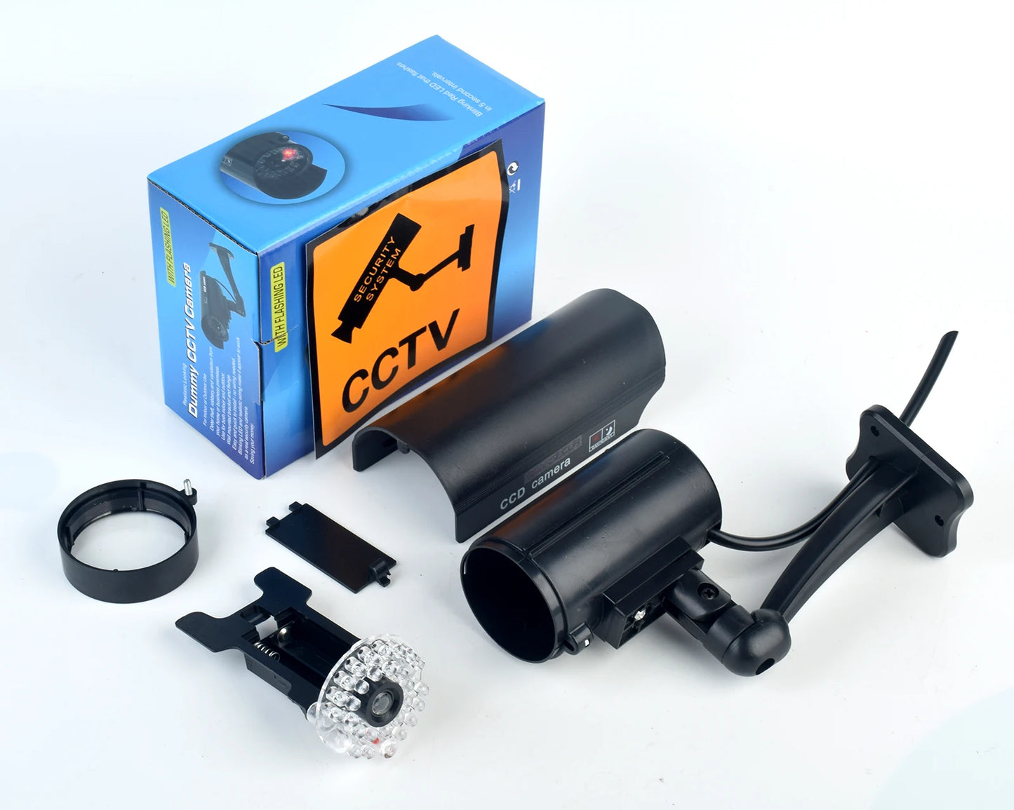 Fake security camera with waterproof design, flashing red LED light, for outdoor or indoor CCTV surveillance.