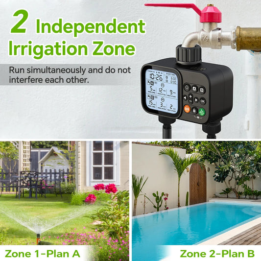 Smart 2-outlet irrigation timer with backlit LCD display and rain sensor for outdoor garden automatic watering system.