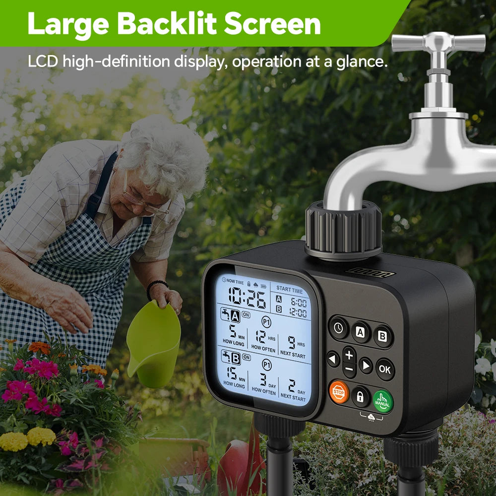 Smart 2-outlet irrigation timer with backlit LCD display and rain sensor for outdoor garden automatic watering system.