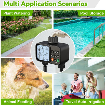 Smart 2-outlet irrigation timer with backlit LCD display and rain sensor for outdoor garden automatic watering system.