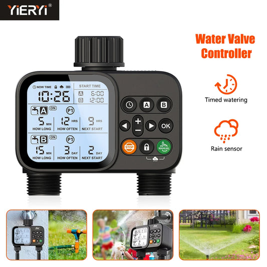 Smart 2-outlet irrigation timer with backlit LCD display and rain sensor for outdoor garden automatic watering system.