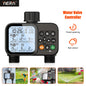Smart 2-outlet irrigation timer with backlit LCD display and rain sensor for outdoor garden automatic watering system.