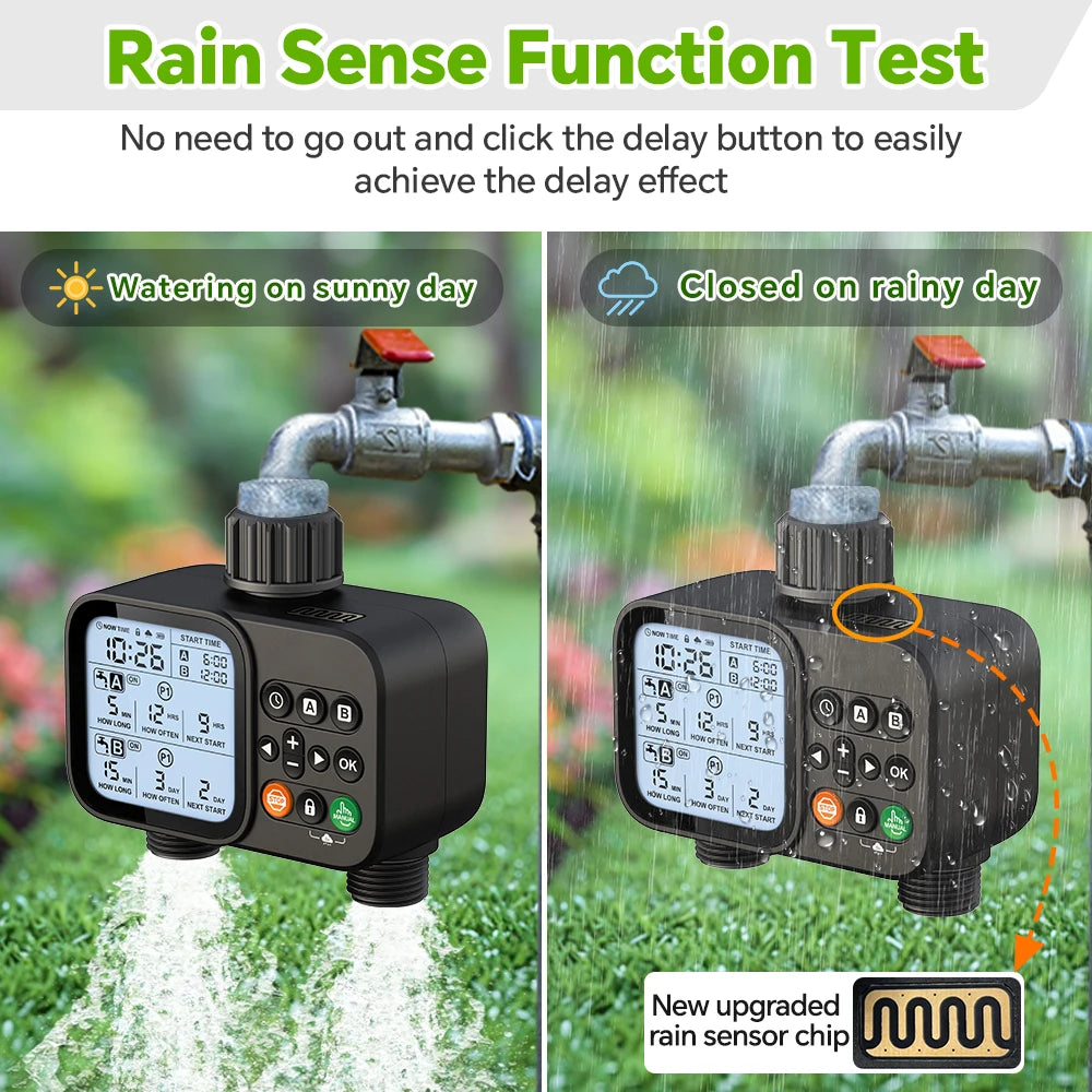 Smart 2-outlet irrigation timer with backlit LCD display and rain sensor for outdoor garden automatic watering system.