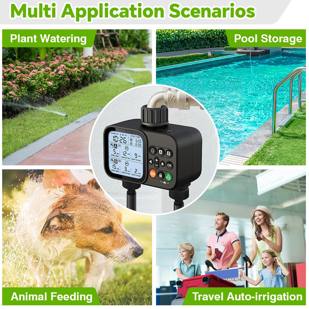 Smart 2-outlet irrigation timer with backlit LCD display and rain sensor for outdoor garden automatic watering system.