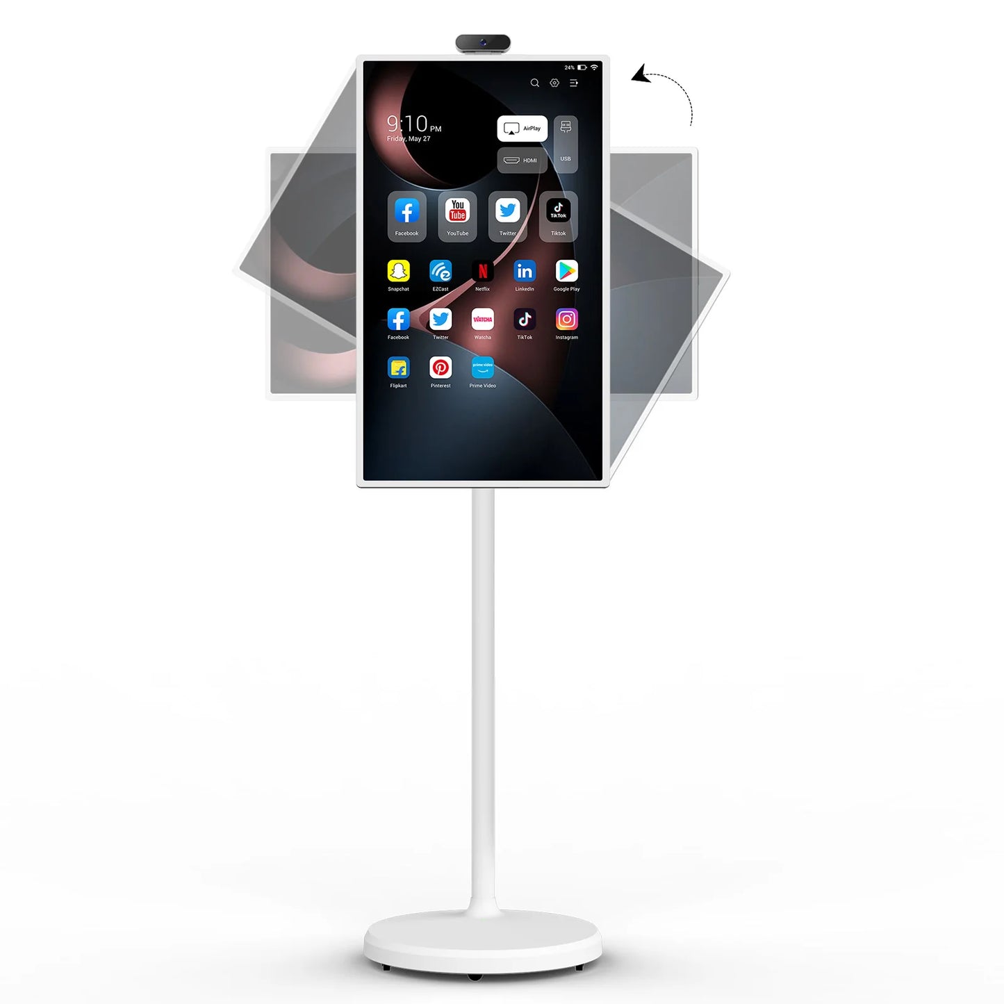 Smart home fitness entertainment display with movable screen, built-in dual speakers, high-definition camera, and smart interactive features.