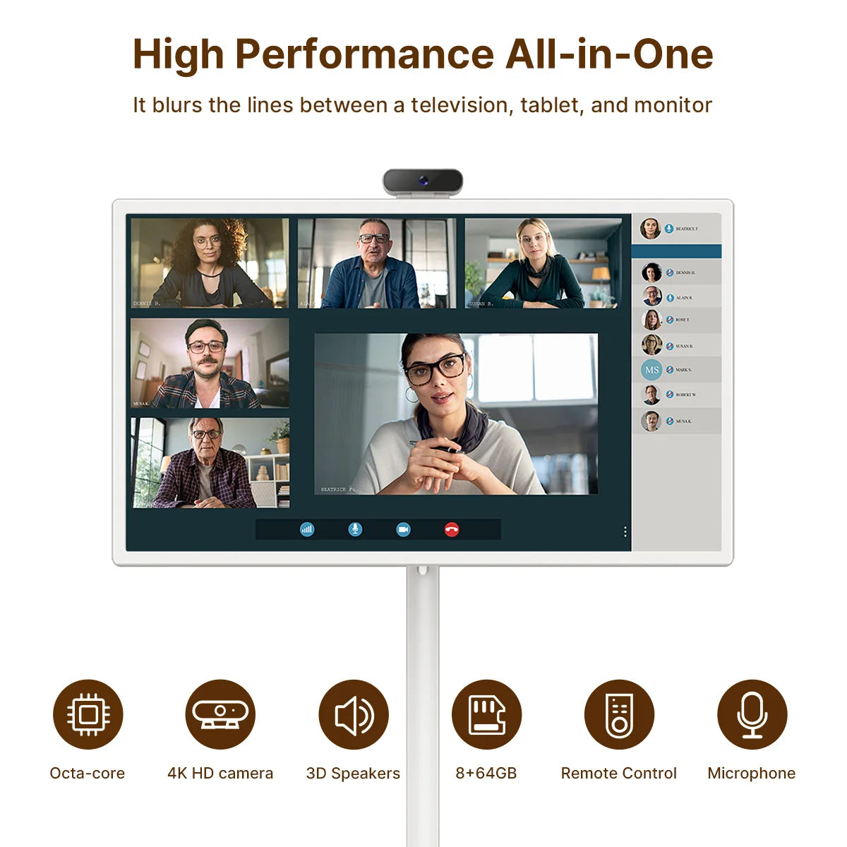 Smart home fitness entertainment display with movable charging station, built-in dual speakers, high-definition camera, and interactive screen.