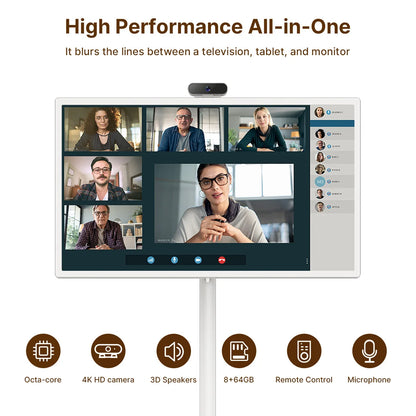Smart home fitness entertainment display with movable charging station, built-in dual speakers, high-definition camera, and interactive screen.