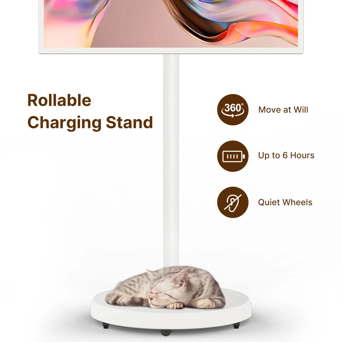Smart home fitness entertainment display with movable design, built-in dual speakers, high-definition camera, and interactive touchscreen.