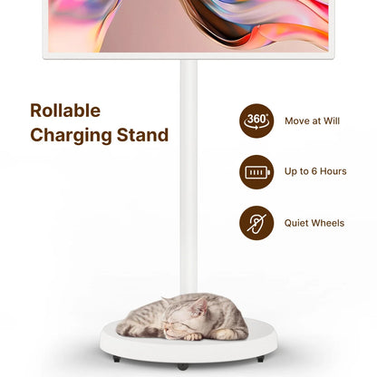 Smart home fitness entertainment display with movable design, built-in dual speakers, high-definition camera, and interactive touchscreen.