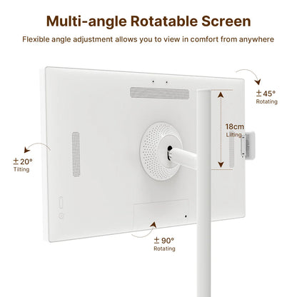 Smart home fitness entertainment display with movable screen, built-in dual speakers, HD camera, and interactive features.