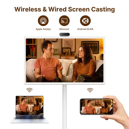 Smart home fitness entertainment display with movable charging station, built-in dual speakers, high-definition camera, and interactive screen.