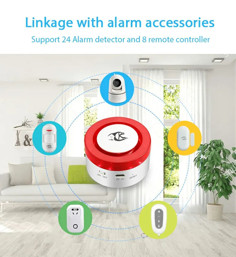 Wireless smart home security system with WiFi siren, door contact, and PIR sensor for home alarm monitoring.