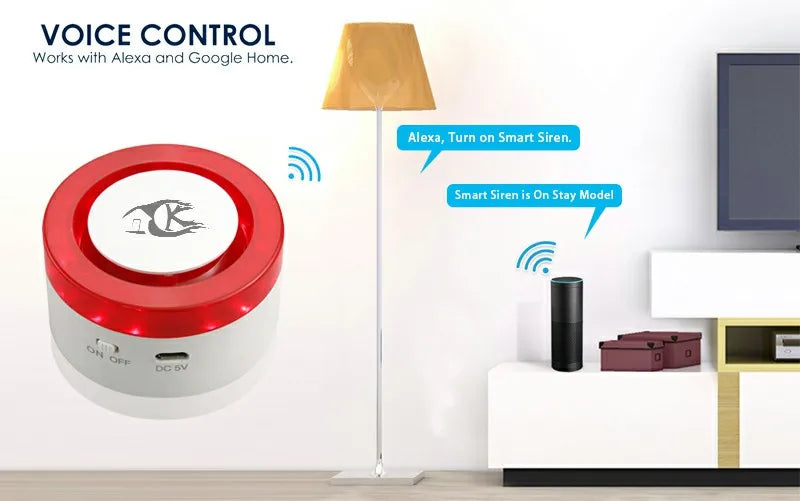 Wireless smart home security system with WiFi siren, door contact, and PIR sensor for home alarm protection.